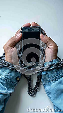 Social media addiction Chained hands with a mobile phone Stock Photo