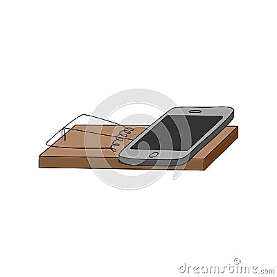 Social media addiction concept. Mobile phone on wooden mousetrap isolated on white background. Vector Illustration