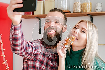 Social media addiction couple smartphone selfie Stock Photo