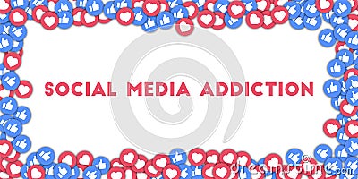 Social media addiction. Social media icons in abstract shape background with scattered thumbs up and hearts. Cartoon Illustration