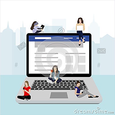 Social media addiction, people use laptop smartphone Vector Illustration