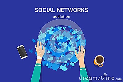 Social media addiction to collect many likes from public profiles Vector Illustration