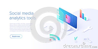 Social media analysis concept in vector illustration. User or follower activity and network statistics. Creative website layout or Vector Illustration