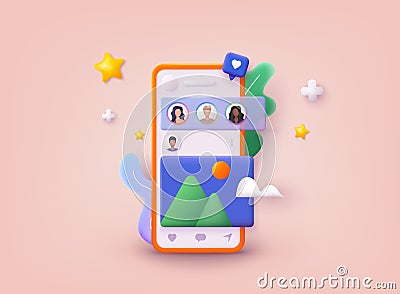 Social media app, online social communication applications concept. 3D Vector Illustration