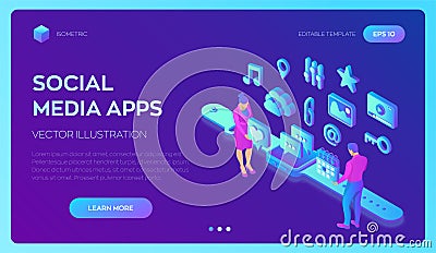 Social media apps on a Smart Watch. Social media 3d isometric icons. Mobile apps. Created For Mobile, Web, Decor, Application. Cartoon Illustration