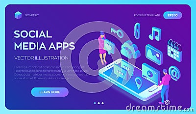 Social media apps on a smartphone. Social media 3d isometric icons. Mobile apps. Created For Mobile, Web, Decor, Application. Cartoon Illustration