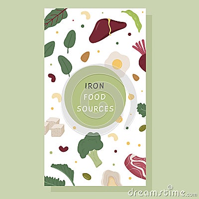 Social media Banner of iron rich food sources. Story template with various sources of iron. Background pattern with Vector Illustration