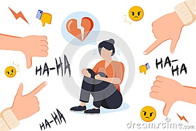 Social media bullying. Haters pointing fingers frim monitor at victim laughing at crying girl. Flat vector illustration Vector Illustration