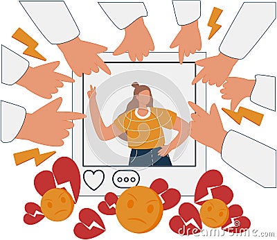 Social media bullying. Haters pointing fingers frim monitor at victim, laughing at crying girl. Flat Vector Illustration