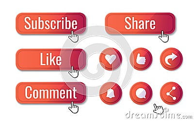 Social media buttons set such as subscribe, like, comment, share. Heart, thumbs up, arrow, bell icons. Vector Illustration