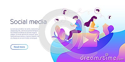 Social media chat concept in vector illustration. Teens using smartphones for virtual conversation, sharing or writing comments. Vector Illustration