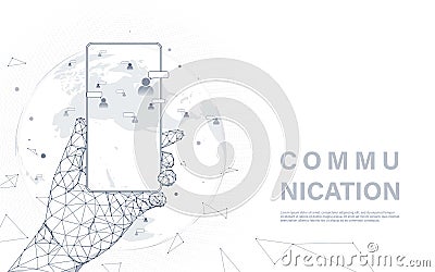 Social media communication concept. Hand holding smartphone with human community icons on world map. Connection network technology Vector Illustration