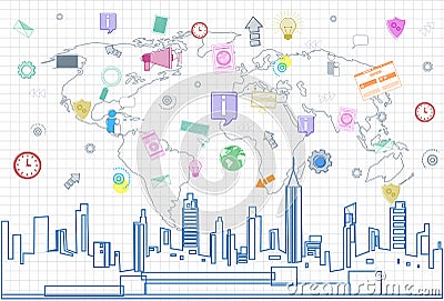 Social Media Communication Internet Network Connection Over City Skyscraper View Cityscape And World Map Squared Vector Illustration