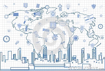 Social Media Communication Internet Network Connection Over City Skyscraper View Cityscape And World Map Squared Vector Illustration