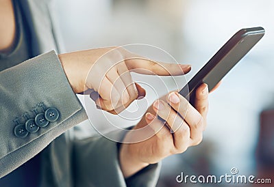 Social media, communication and typing hands with a phone for email, contact and internet. Business, web and a person on Stock Photo