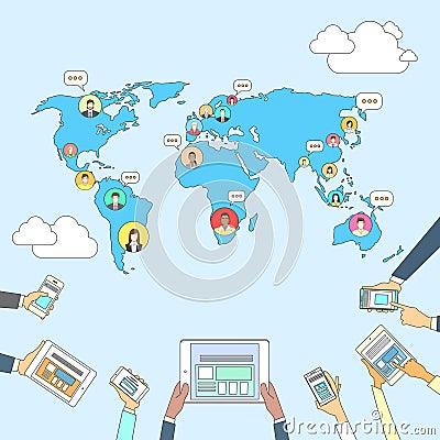 Social Media Communication World Map Concept Internet Network Connection People Vector Illustration