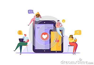 Social Media Concept with Characters Chatting on Gadgets. Group of Flat People Using Mobile Devices. Social Networking Vector Illustration