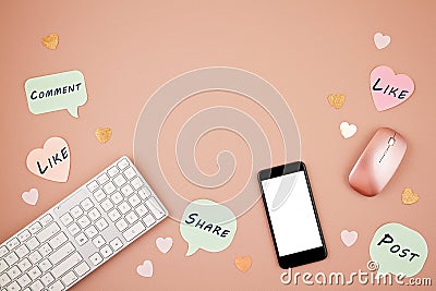 Social media concept flatlay with keyboard, phone, mouse Stock Photo