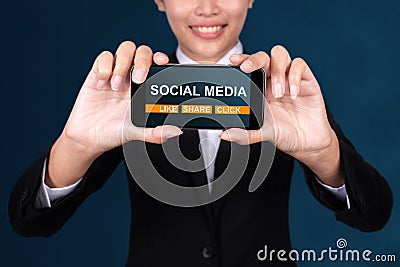 Social media concept, Happy businesswoman Show text Social media Stock Photo