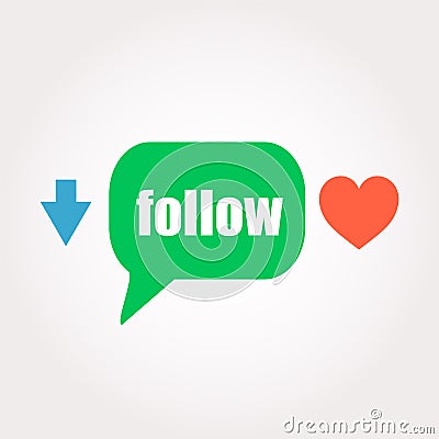 Social media concept. word Follow . Speech clouds stickers, arrow and heart Stock Photo