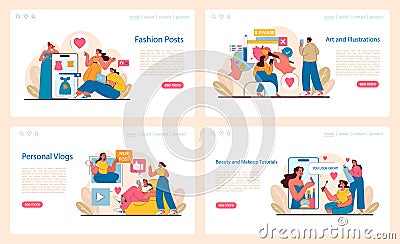 Social Media Content set. Diverse online engagement activities. Vector Illustration