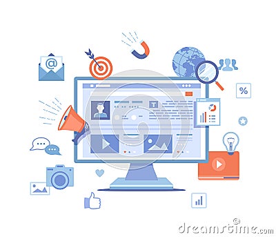 Social Media Content Strategy, management, services, development, marketing success, social sharing, web traffic. Monitor screen Vector Illustration