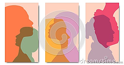 Social media covers set. Womens head silhouette. Abstract diversity girls profile. Female community. Racial equality. Allyship. Vector Illustration