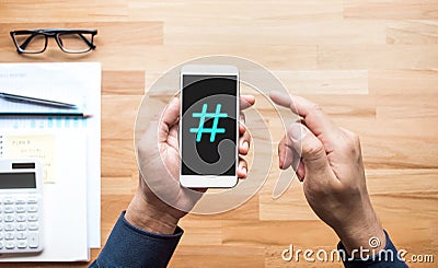 Social media and creativity concepts with Hashtag sign on smartphone.digital marketing images.power of conversation Stock Photo