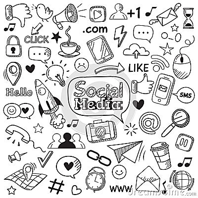 Social media doodle. Internet website doodles, social network communication and online web hand drawn vector icons set Vector Illustration