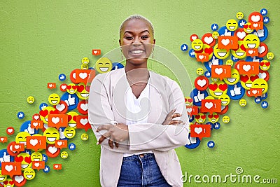 Social media, emoji icon or influencer woman arrow for like, love reaction or follow growth. Happy african person on Stock Photo