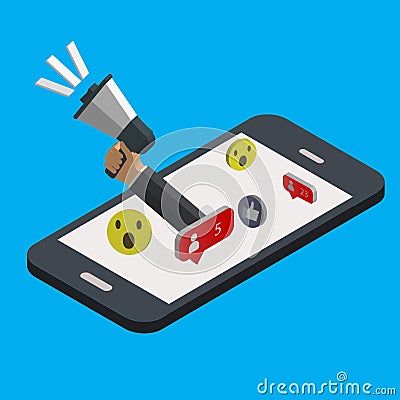 Social media flat 3d isometric concept vector icons. Desktop, chat, video, camera, phone, tablet Cartoon Illustration