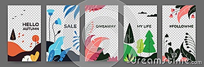 Social media flat plant posters. Abstract vibrant stories floral frames template. Vector illustration magical landscape Vector Illustration