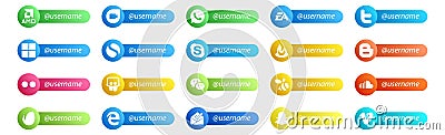 20 Social Media Follow Button. Username and place for text like messenger. slideshare. microsoft. flickr. feedburner Vector Illustration