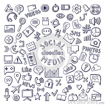 Social media hand drawn icons set. Computer and network doodle vector illustrations Vector Illustration