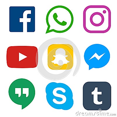 Social media icon for Facebook, Whatsapp, Skype, Youtube, Instagram, Snapchat, Hangout Vector Illustration