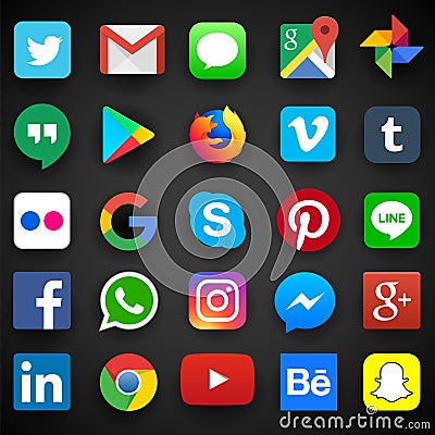 Social media icon for Facebook, Whatsapp, Skype, Youtube, Instagram, Snapchat, Hangout, Twitter Vector Illustration