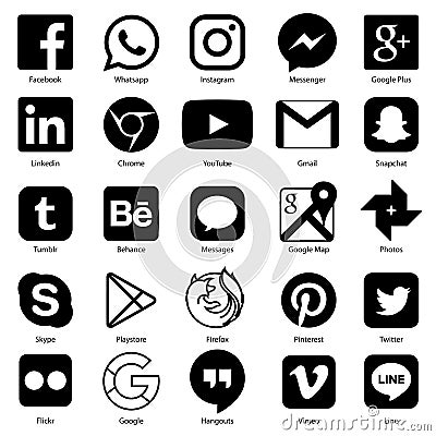 Social media icon for Facebook, Whatsapp, Skype, Youtube, Instagram, Snapchat, Hangout, Twitter Vector Illustration