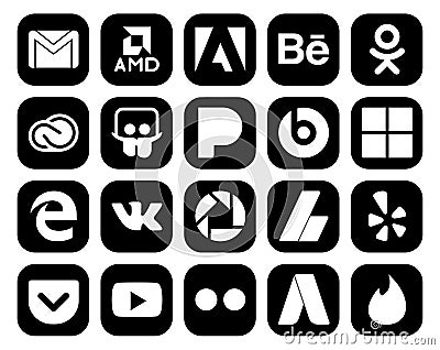 20 Social Media Icon Pack Including adsense. vk. cc. edge. beats pill Vector Illustration