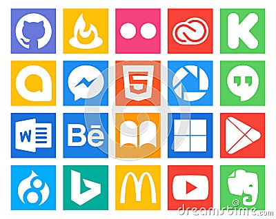 20 Social Media Icon Pack Including apps. delicious. messenger. ibooks. word Vector Illustration