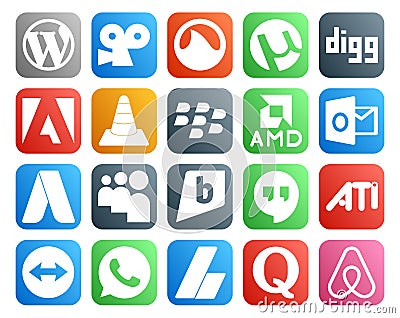 20 Social Media Icon Pack Including ati. brightkite. media. myspace. outlook Vector Illustration