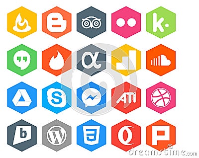 20 Social Media Icon Pack Including ati. chat. app net. skype. music Vector Illustration