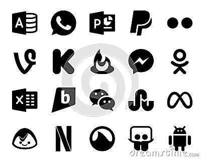 20 Social Media Icon Pack Including basecamp. meta. messenger. stumbleupon. wechat Vector Illustration