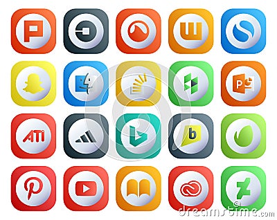 20 Social Media Icon Pack Including bing. ati. finder. powerpoint. overflow Vector Illustration