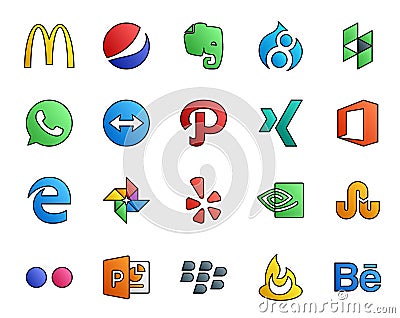 20 Social Media Icon Pack Including blackberry. flickr. xing. stumbleupon. yelp Vector Illustration