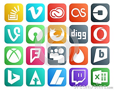 20 Social Media Icon Pack Including digg. firefox. adobe. open source. driver Vector Illustration