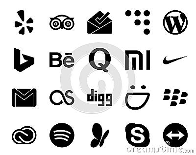 20 Social Media Icon Pack Including digg. mail. behance. email. nike Vector Illustration