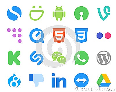 20 Social Media Icon Pack Including drupal. wordpress. css. whatsapp. wechat Vector Illustration