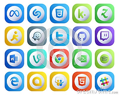 20 Social Media Icon Pack Including edge. nvidia. twitter. chrome. word Vector Illustration