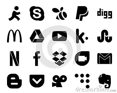 20 Social Media Icon Pack Including email. google duo. youtube. dropbox. netflix Vector Illustration