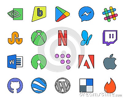 20 Social Media Icon Pack Including github. adobe. xbox. coderwall. word Vector Illustration